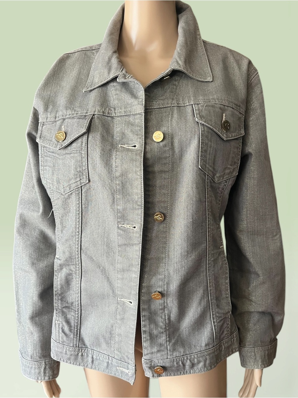 Chico's Platinum Metallic Shimmer Denim Jacket Grey Silver Gold Logo Buttons